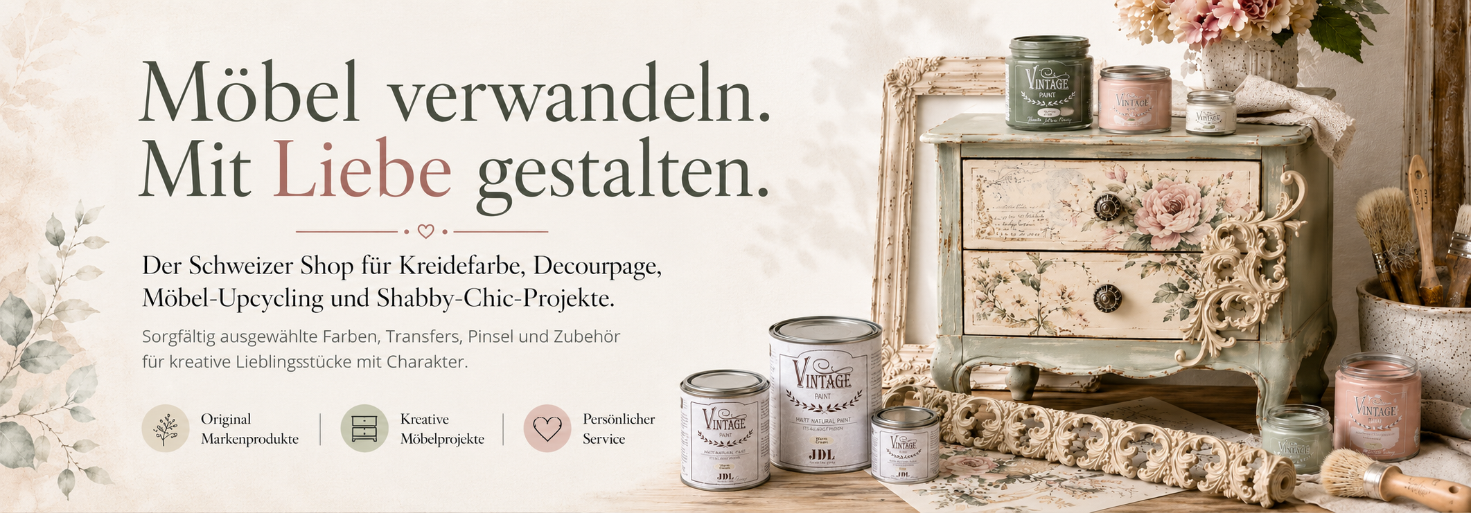 [Shabbyworld.ch](http://shabbyworld.ch/) ist Dein Schweizer Webshop für Kreidefarbe, Decoupage, Decor Transfers und Zubehör rund um Möbel-Upcycling, Shabby Chic, Vintage- und Landhausstil. Wir wählen unser Sortiment mit Sorgfalt aus – für kreative Menschen, die Möbel und Wohnaccessoires individuell gestalten möchten